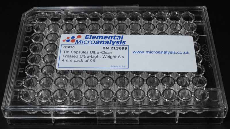 Tin Capsules Ultra-Clean Pressed Ultra-Light Weight 6 x 4mm, Multiwell plate of 96 capsules